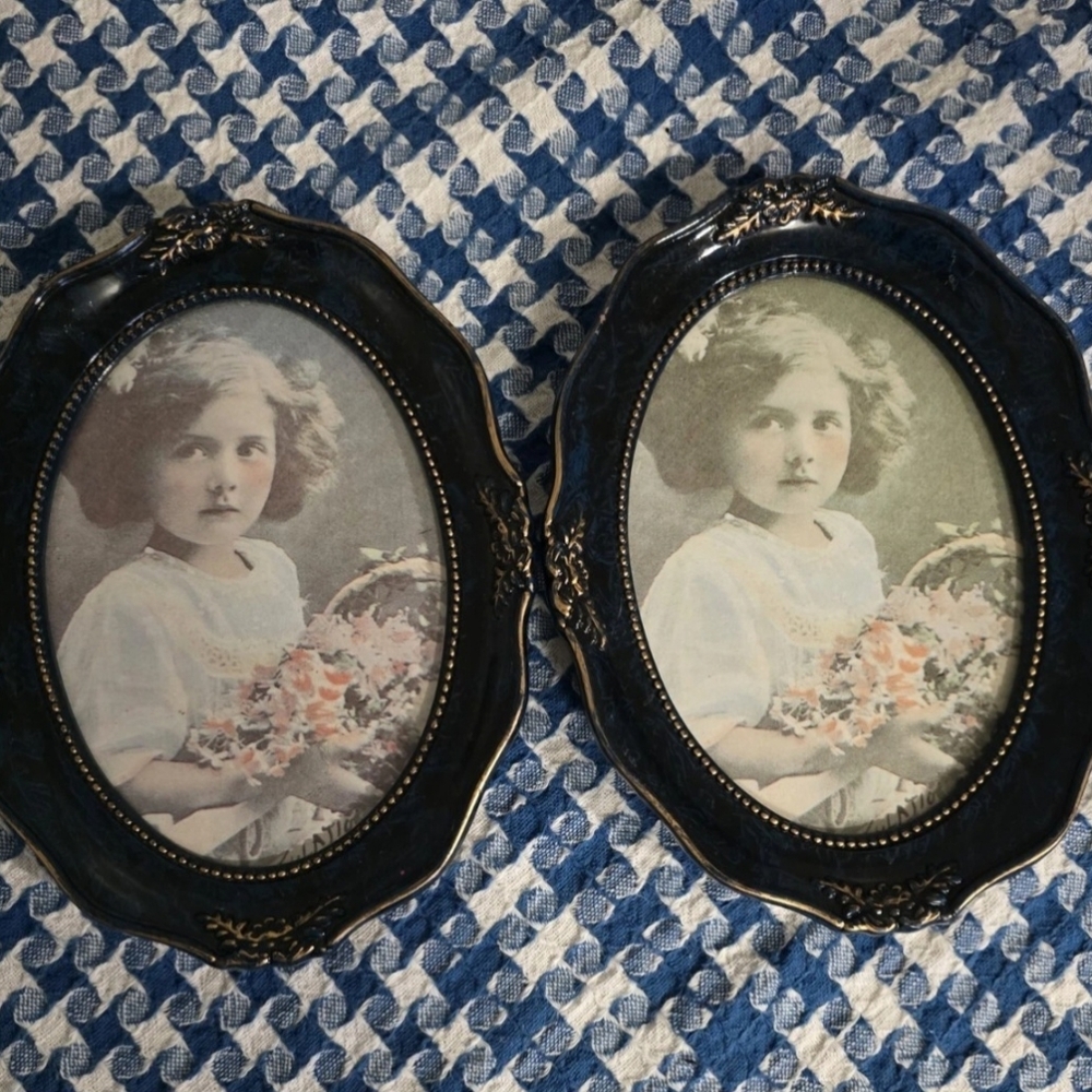 Vintage Blue Oval Picture Frames with Gold Accents